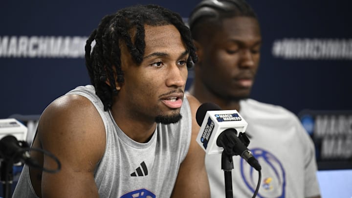Mar 19, 2026; San Diego, CA, USA; Kansas Jayhawks guard Darryn Peterson (22) speaks at a news conference ahead of the first round of the men's 2026 NCAA Tournament at Viejas Arena. Mandatory Credit: Denis Poroy-Imagn Images