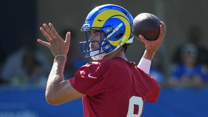 Jul 27, 2026; Westchester, CA, USA; Los Angeles Rams quarterback Matthew Stafford (9) throws the ball during training camp  at Loyola Marymount University. Mandatory Credit: Kirby Lee-Imagn Images