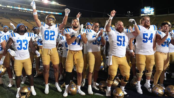 Sep 5, 2026; Berkeley, California, USA; UCLA Bruins players celebrate after defeating the California Golden Bears at California Memorial Stadium. Photo by Darren Yamashita Sep 5, 2026; Berkeley, California, USA; UCLA Bruins players celebrate after defeating the California Golden Bears at California Memorial Stadium. Photo by Darren Yamashita