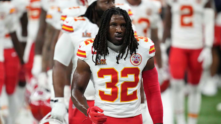 Feb 9, 2025; New Orleans, LA, USA; Kansas City Chiefs linebacker Nick Bolton (32) takes the field before Super Bowl LIX against the Philadelphia Eagles at Caesars Superdome. Mandatory Credit: Kirby Lee-Imagn Images
