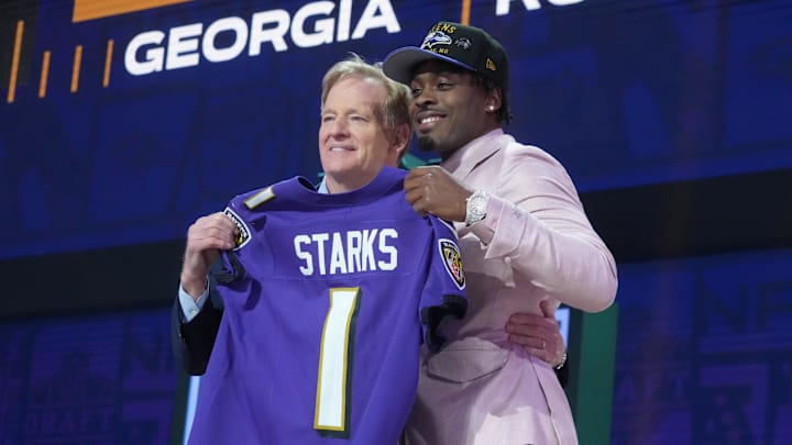 NFL commissioner Roger Goodell with Georgia Bulldogs safety Malaki Starks after he is selected by the Baltimore Ravens.