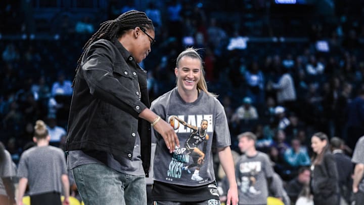 May 29, 2025; Brooklyn, New York, USA; New York Liberty center Jonquel Jones (35) and guard Sabrina Ionescu (20) share a laugh before the game against the Golden State Valkyries at Barclays Center. Mandatory Credit: John Jones-Imagn Images May 29, 2025; Brooklyn, New York, USA; New York Liberty center Jonquel Jones (35) and guard Sabrina Ionescu (20) share a laugh before the game against the Golden State Valkyries at Barclays Center. Mandatory Credit: John Jones-Imagn Images