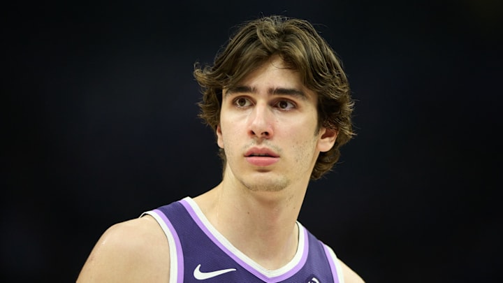Apr 10, 2026; Sacramento, California, USA; Sacramento Kings center Maxime Raynaud (42) looks on against the Golden State Warriors during the first quarter at Golden 1 Center.