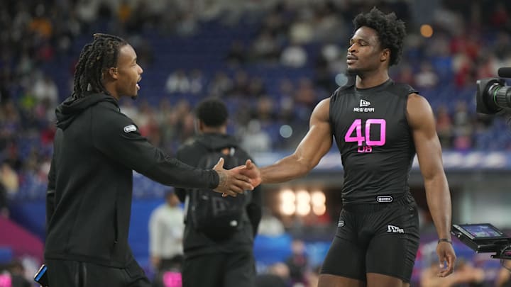 Feb 28, 2025; Indianapolis, IN, USA; South Carolina defensive back Nick Emmanwori (DB40) greets Texas defensive back Jahdae Barron (DB04) during the 2025 NFL Combine at Lucas Oil Stadium. Mandatory Credit: Kirby Lee-Imagn Images Feb 28, 2025; Indianapolis, IN, USA; South Carolina defensive back Nick Emmanwori (DB40) greets Texas defensive back Jahdae Barron (DB04) during the 2025 NFL Combine at Lucas Oil Stadium. Mandatory Credit: Kirby Lee-Imagn Images