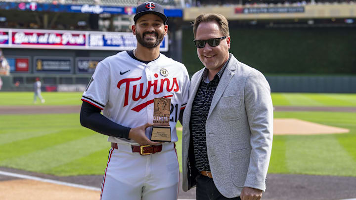 Sep 15, 2024; Minneapolis, Minnesota, USA; Minnesota Twins pitcher Pablo López (49) poses for a photo with Minnesota Twins executive President of Baseball Operations Derek Falvey during pre game before a game against the Cincinnati Reds to receive the Roberto Clemente finalist award at Target Field. Sep 15, 2024; Minneapolis, Minnesota, USA; Minnesota Twins pitcher Pablo López (49) poses for a photo with Minnesota Twins executive President of Baseball Operations Derek Falvey during pre game before a game against the Cincinnati Reds to receive the Roberto Clemente finalist award at Target Field.