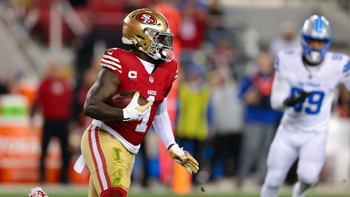 Dec 30, 2024; Santa Clara, California, USA; San Francisco 49ers wide receiver Deebo Samuel Sr. (1) during the game against the Detroit Lions at Levi's Stadium. Mandatory Credit: Sergio Estrada-Imagn Images