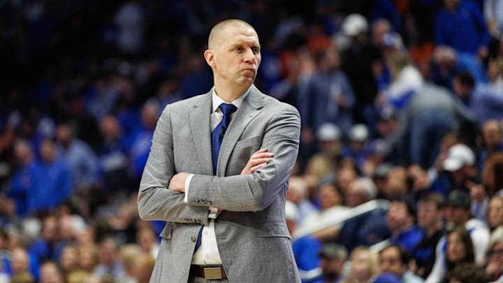 Mar 1, 2025; Lexington, Kentucky, USA; Kentucky Wildcats head coach Mark Pope looks to his bench during the first half against the Auburn Tigers at Rupp Arena at Central Bank Center. Mandatory Credit: Jordan Prather-Imagn Images Mar 1, 2025; Lexington, Kentucky, USA; Kentucky Wildcats head coach Mark Pope looks to his bench during the first half against the Auburn Tigers at Rupp Arena at Central Bank Center. Mandatory Credit: Jordan Prather-Imagn Images