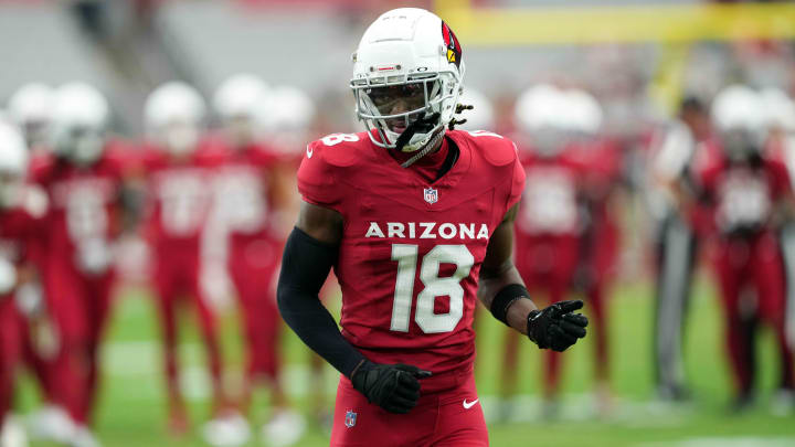 Aug 10, 2024; Glendale, Arizona, USA; Arizona Cardinals wide receiver Marvin Harrison Jr. (18) warms up before facing the New Orleans Saints at State Farm Stadium. Mandatory Credit: Joe Camporeale-USA TODAY Sports Aug 10, 2024; Glendale, Arizona, USA; Arizona Cardinals wide receiver Marvin Harrison Jr. (18) warms up before facing the New Orleans Saints at State Farm Stadium. Mandatory Credit: Joe Camporeale-USA TODAY Sports