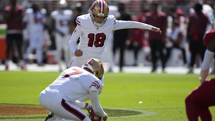 Sep 21, 2025; Santa Clara, California, USA; San Francisco 49ers kicker Eddy Piñeiro (18) kicks a field goal during the first half against the Arizona Cardinals at Levi's Stadium. Mandatory Credit: Kyle Terada-Imagn Images