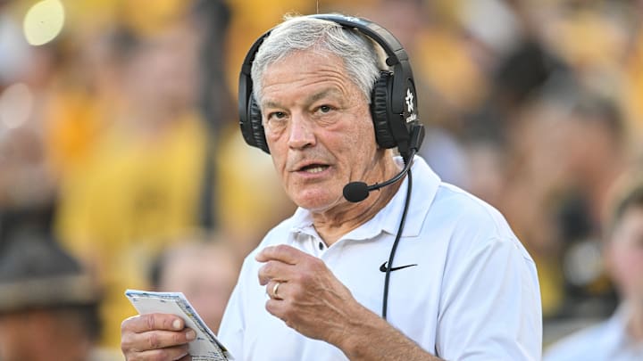 Sep 13, 2025; Iowa City, Iowa, USA; Iowa Hawkeyes head coach Kirk Ferentz looks on before the game against the Massachusetts Minutemen at Kinnick Stadium. Mandatory Credit: Jeffrey Becker-Imagn Images Sep 13, 2025; Iowa City, Iowa, USA; Iowa Hawkeyes head coach Kirk Ferentz looks on before the game against the Massachusetts Minutemen at Kinnick Stadium. Mandatory Credit: Jeffrey Becker-Imagn Images