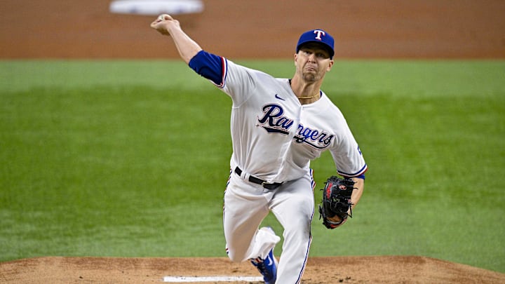 Apr 5, 2023; Arlington, Texas, USA; Texas Rangers starting pitcher Jacob deGrom (48) pitches against