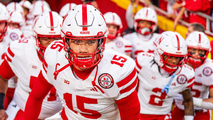  Dylan Raiola leads the team onto field during warmups before the game against the Cincinnati Bearcats.