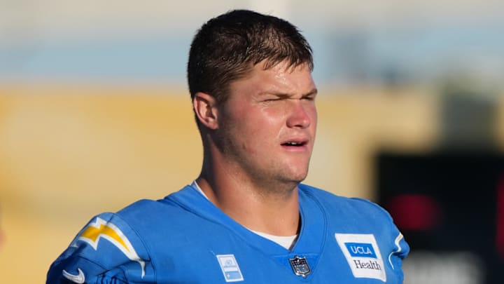Jul 25, 2025; El Segundo, CA, USA; Los Angeles Chargers tackle Joe Alt (76) during training camp at The Bolt. Mandatory Credit: Kirby Lee-Imagn Images