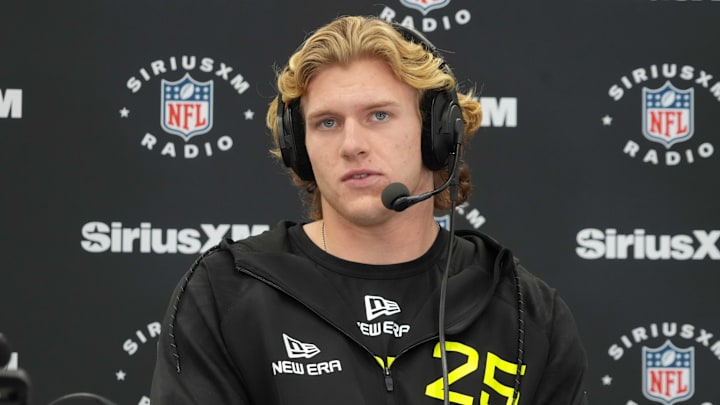 Feb 26, 2025; Indianapolis, IN, USA; UCLA linebacker Carson Schwesinger (LB25) during the 2025 NFL Scouting Combine at the Indiana Convention Center. Mandatory Credit: Kirby Lee-Imagn Images