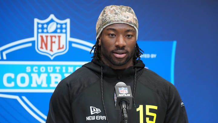 Feb 26, 2025; Indianapolis, IN, USA; Oklahoma State linebacker Nick Martin (LB15) during the 2025 NFL Scouting Combine at the Indiana Convention Center. Feb 26, 2025; Indianapolis, IN, USA; Oklahoma State linebacker Nick Martin (LB15) during the 2025 NFL Scouting Combine at the Indiana Convention Center.