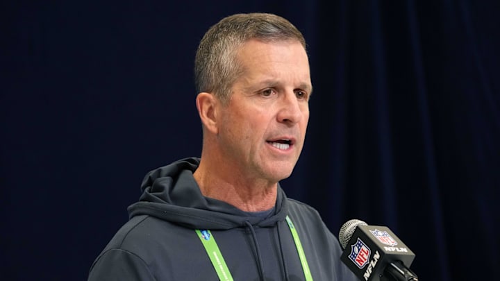 Baltimore Ravens head coach John Harbaugh speaks during the NFL Scouting Combine.