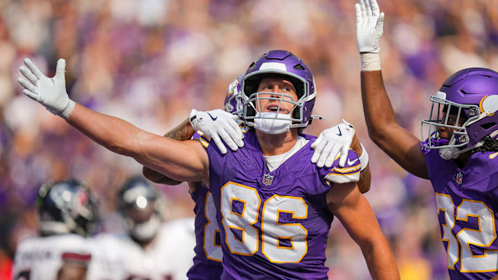 Sep 22, 2024; Minneapolis, Minnesota, USA; Minnesota Vikings tight end Johnny Mundt (86) celebrates his touchdown against the Houston Texans in the fourth quarter at U.S. Bank Stadium. Mandatory Credit: Brad Rempel-Imagn Images Sep 22, 2024; Minneapolis, Minnesota, USA; Minnesota Vikings tight end Johnny Mundt (86) celebrates his touchdown against the Houston Texans in the fourth quarter at U.S. Bank Stadium. Mandatory Credit: Brad Rempel-Imagn Images
