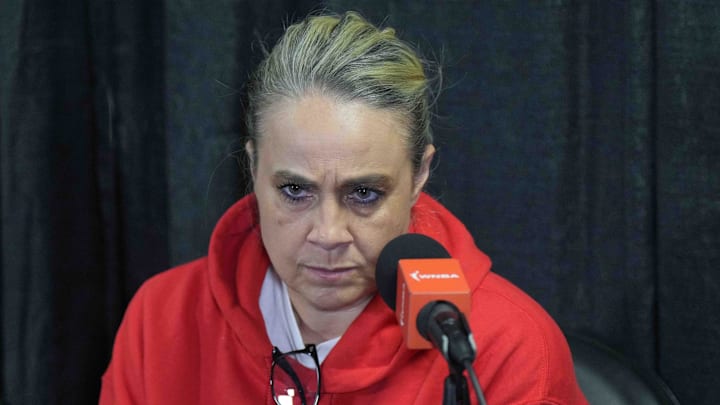 Jul 5, 2024; Los Angeles, California, USA; Las Vegas Aces coach Becky Hammon at a press conference at Crypto.com Arena. Mandatory Credit: Kirby Lee-Imagn Images