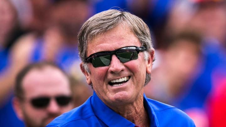 Former Florida head coach Steve Spurrier is acknowledged for his recent induction into the college football hall of fame. Former Florida head coach Steve Spurrier is acknowledged for his recent induction into the college football hall of fame.
