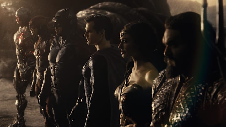 Ray Fisher (Cyborg / Victor Stone), Ezra Miller (The Flash / Barry Allen), Ben Affleck (Batman / Bruce Wayne), Henry Cavill (Superman / Clark Kent), Gal Gadot (Diana Prince / Wonder Woman), Jason Momoa (Aquaman / Arthur Curry) in Zack Snyder's Justice League. Photograph by Courtesy of HBO Max