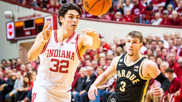 Indiana's Trey Galloway (32) passes against Purdue at Simon Skjodt Assembly Hall.