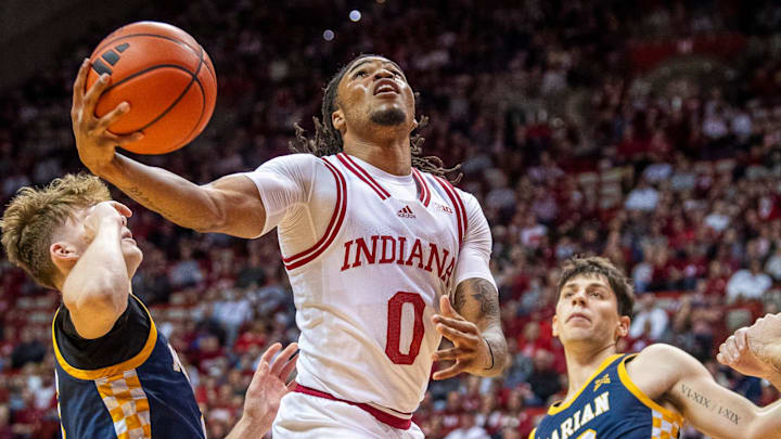 Indiana's Jakai Newton (0) scores during the the Indiana versus Marian men's basketball exhibition game at Simon Skjodt Assembly Hall on Friday, Nov. 1, 2024. Indiana's Jakai Newton (0) scores during the the Indiana versus Marian men's basketball exhibition game at Simon Skjodt Assembly Hall on Friday, Nov. 1, 2024.
