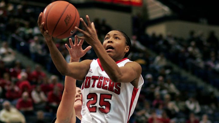 March 5, 2006; Hartford, CT, USA; Rutgers Scarlet Knights (25) Cappie Pondexter in for the layup past Villanova Wildcats (35) Jackie Adamshick in the 2nd half of play at the Civic Center. Mandatory Credit: David Butler II-Imagn Images Copyright © David Butler II 2006 March 5, 2006; Hartford, CT, USA; Rutgers Scarlet Knights (25) Cappie Pondexter in for the layup past Villanova Wildcats (35) Jackie Adamshick in the 2nd half of play at the Civic Center. Mandatory Credit: David Butler II-Imagn Images Copyright © David Butler II 2006