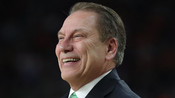 Michigan State head coach Tom Izzo smiles on the sidelines during the first half of the Spartan's Final Four game against Texas Tech at U.S. Bank Stadium in Minneapolis, Minnesota on Saturday, April 06, 2019.

Ust Kd1 0640