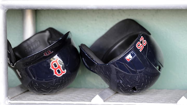 Mar 8, 2012; Fort Myers, FL, USA; Boston Red Sox right fielder Ryan Sweeney (not pictured) batting helmet in the dugout before the game between the Red Sox and the Minnesota Twins at JetBlue Park. Mandatory Credit: Jerome Miron-US PRESSWIRE