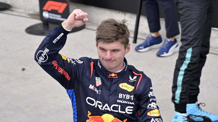 Jun 9, 2024; Montreal, Quebec, CAN; Red Bull Racing driver Max Verstappen (NED) reacts after winning the Canadian Grand Prix at Circuit Gilles Villeneuve. Mandatory Credit: Eric Bolte-Imagn Images Jun 9, 2024; Montreal, Quebec, CAN; Red Bull Racing driver Max Verstappen (NED) reacts after winning the Canadian Grand Prix at Circuit Gilles Villeneuve. Mandatory Credit: Eric Bolte-Imagn Images