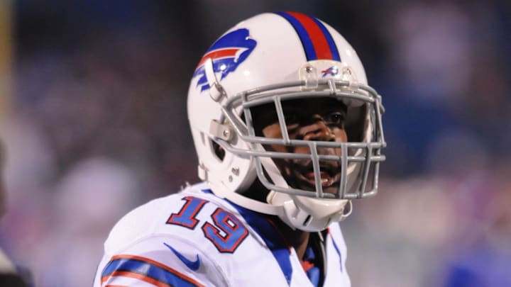 Nov 15, 2012; Orchard Park, NY, USA; Buffalo Bills wide receiver Donald Jones (19) prior to a game against the Miami Dolphins at Ralph Wilson Stadium.  Mandatory Credit: Mark Konezny-Imagn Images