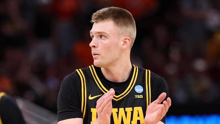 Mar 28, 2026; Houston, TX, USA; Iowa Hawkeyes guard Bennett Stirtz (14) reacts in the first half against the Illinois Fighting Illini during an Elite Eight game of the South Regional of the men's 2026 NCAA Tournament at Toyota Center. Mandatory Credit: Troy Taormina-Imagn Images