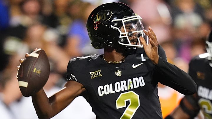 Aug 29, 2024; Boulder, Colorado, USA; Colorado Buffaloes quarterback Shedeur Sanders (2) prepares to pass the ball in the second half against the North Dakota State Bison at Folsom Field. Mandatory Credit: Ron Chenoy-Imagn Images