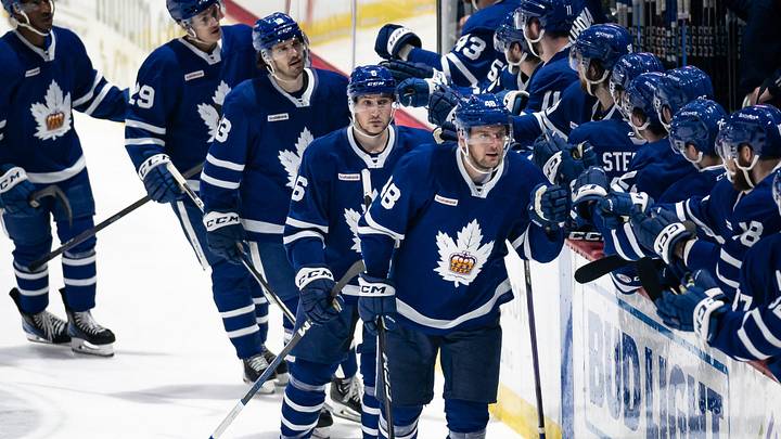 Carl Dahlstr m celebrates his goal for the Toronto Marlies with his teammates at the Adirondack Bank Center in Utica on Friday, May 5, 2023. Toronto defeated Utica 4-1, eliminating the Comets from the playoffs. Carl Dahlstr m celebrates his goal for the Toronto Marlies with his teammates at the Adirondack Bank Center in Utica on Friday, May 5, 2023. Toronto defeated Utica 4-1, eliminating the Comets from the playoffs.