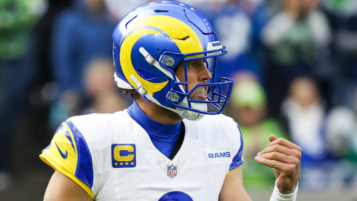 Nov 3, 2024; Seattle, Washington, USA; Los Angeles Rams quarterback Matthew Stafford (9) reacts after throwing an incompletion against the Seattle Seahawks during the first quarter at Lumen Field. Mandatory Credit: Joe Nicholson-Imagn Images