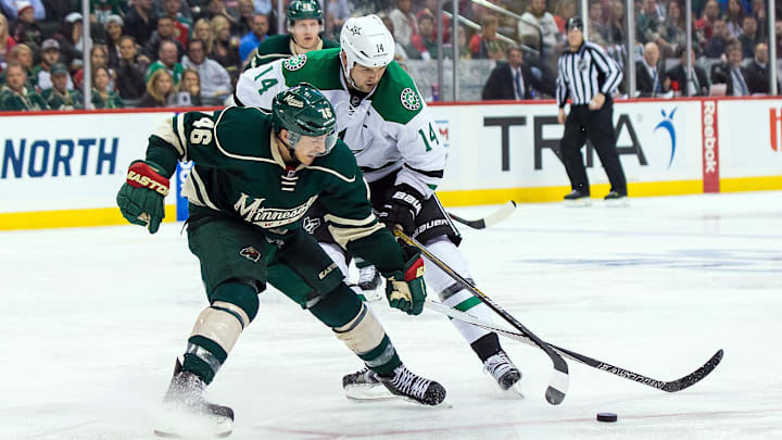 Apr 18, 2016; Saint Paul, MN, USA; Minnesota Wild defenseman Jared Spurgeon (46) defends Dallas Stars forward Jamie Benn (14) in the third period in game three of the first round of the 2016 Stanley Cup Playoffs at Xcel Energy Center. The Minnesota Wild beat the Dallas Stars 5-3. Mandatory Credit: Brad Rempel-Imagn Images Apr 18, 2016; Saint Paul, MN, USA; Minnesota Wild defenseman Jared Spurgeon (46) defends Dallas Stars forward Jamie Benn (14) in the third period in game three of the first round of the 2016 Stanley Cup Playoffs at Xcel Energy Center. The Minnesota Wild beat the Dallas Stars 5-3. Mandatory Credit: Brad Rempel-Imagn Images