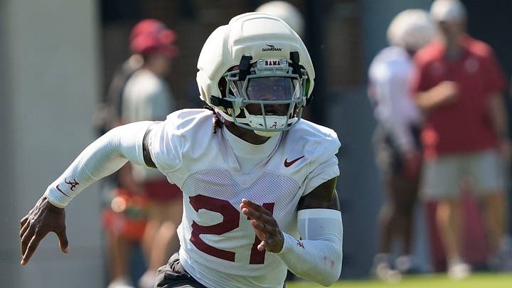 July 31, 2025; Tuscaloosa, AL, USA; Defensive back Dre Kirkpatrick Jr. zeroes in on the ball during the second practice session of the preseason for the Alabama Crimson Tide.