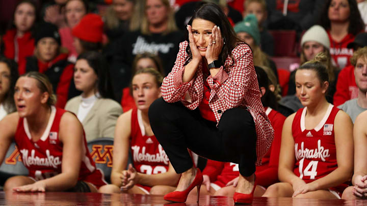 Jan 14, 2024; Minneapolis, Minnesota, USA; Nebraska Cornhuskers head coach Amy Williams reacts during the second half against the Minnesota Golden Gophers at Williams Arena. Mandatory Credit: Matt Krohn-Imagn Images