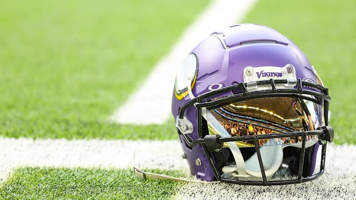 Oct 20, 2024; Minneapolis, Minnesota, USA; A detailed view of Minnesota Vikings wide receiver Justin Jefferson's (18) helmet before the game against the Detroit Lions at U.S. Bank Stadium. Mandatory Credit: Matt Krohn-Imagn Images Oct 20, 2024; Minneapolis, Minnesota, USA; A detailed view of Minnesota Vikings wide receiver Justin Jefferson's (18) helmet before the game against the Detroit Lions at U.S. Bank Stadium. Mandatory Credit: Matt Krohn-Imagn Images
