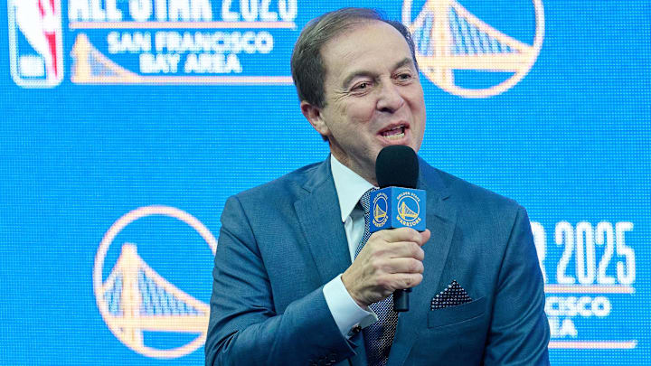 Nov 6, 2023; San Francisco, CA, USA; Golden State Warriors co-executive chairman and CEO Joe Lacob speaks during a press conference to announce the Golden State Warriors and San Francisco Bay Area selection to host the 2025 NBA All-Star Game at Chase Center. Mandatory Credit: Robert Edwards-Imagn Images