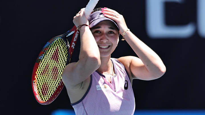 Eva Lys of Germany celebrates after the third round of the 2025 Australian Open in Melbourne.