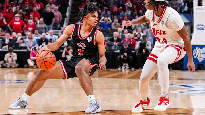 Fishers Tigers guard Jason Gardner Jr. (5) runs a play Saturday, March 29, 2025, during the IHSAA Class 4A boys basketball state championship game in Indianapolis.