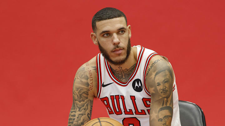 Sep 30, 2024; Chicago, Il, USA; Chicago Bulls guard Lonzo Ball (2) poses during Chicago Bulls Media Day. Mandatory Credit: Kamil Krzaczynski-Imagn Images