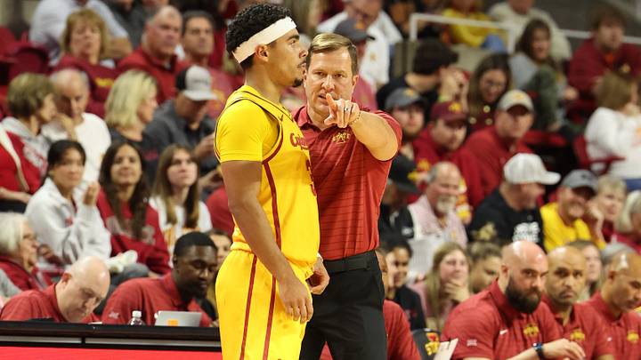 Nov 3, 2025; Ames, Iowa, USA; Iowa State Cyclones head coach T.J. Otzelberger talks with guard Tamin Lipsey (3) during a game with the Fairleigh Dickinson Knights at James H. Hilton Coliseum. Mandatory Credit: Reese Strickland-Imagn Images Nov 3, 2025; Ames, Iowa, USA; Iowa State Cyclones head coach T.J. Otzelberger talks with guard Tamin Lipsey (3) during a game with the Fairleigh Dickinson Knights at James H. Hilton Coliseum. Mandatory Credit: Reese Strickland-Imagn Images