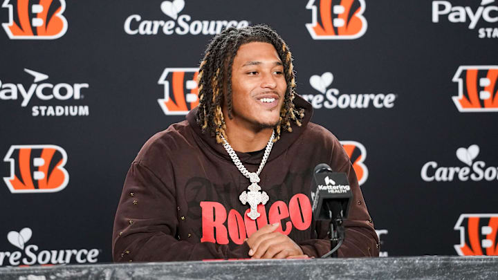 Cincinnati Bengals second round pick Cashius Howell speaks with media during the 2026 NFL Draft, Saturday, April 25, 2026, at Paycor Stadium in downtown Cincinnati.