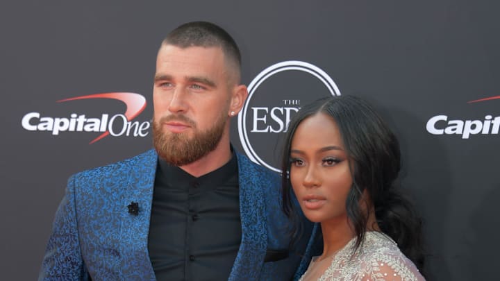 Jul 18, 2018; Los Angeles, CA, USA; Kansas City Chiefs tight end Travis Kelce and Kayla Nicole arrive for the 2018 ESPYS at Microsoft Theatre. 