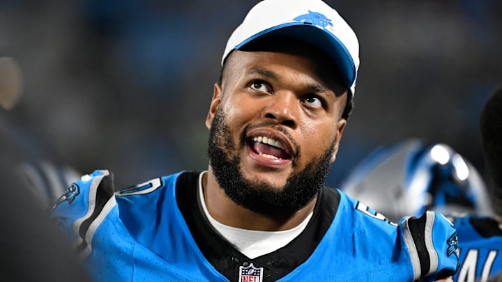 Aug 8, 2025; Charlotte, North Carolina, USA; Carolina Panthers guard Robert Hunt (50) on the sidelines in the fourth quarter at Bank of America Stadium. Aug 8, 2025; Charlotte, North Carolina, USA; Carolina Panthers guard Robert Hunt (50) on the sidelines in the fourth quarter at Bank of America Stadium.