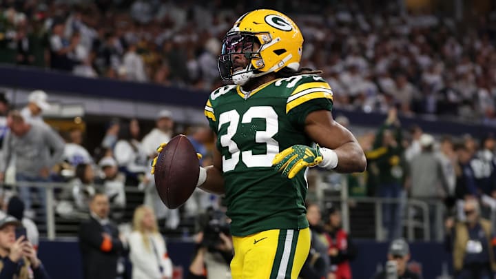Jan 14, 2024; Arlington, Texas, USA; Green Bay Packers running back Aaron Jones (33)