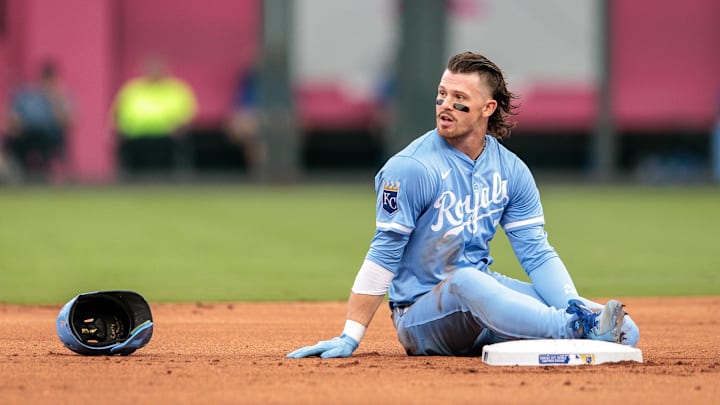 Aug 30, 2025; Kansas City, Missouri, USA; Kansas City Royals shortstop Bobby Witt Jr. (7) after sliding into second base during the first inning against the Detroit Tigers at Kauffman Stadium. Mandatory Credit: William Purnell-Imagn Images Aug 30, 2025; Kansas City, Missouri, USA; Kansas City Royals shortstop Bobby Witt Jr. (7) after sliding into second base during the first inning against the Detroit Tigers at Kauffman Stadium. Mandatory Credit: William Purnell-Imagn Images