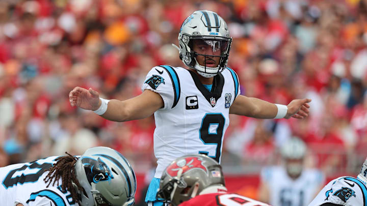 Dec 29, 2024; Tampa, Florida, USA; Carolina Panthers quarterback Bryce Young (9) calls a play against the Tampa Bay Buccaneers during the first quarter at Raymond James Stadium. Mandatory Credit: Kim Klement Neitzel-Imagn Images